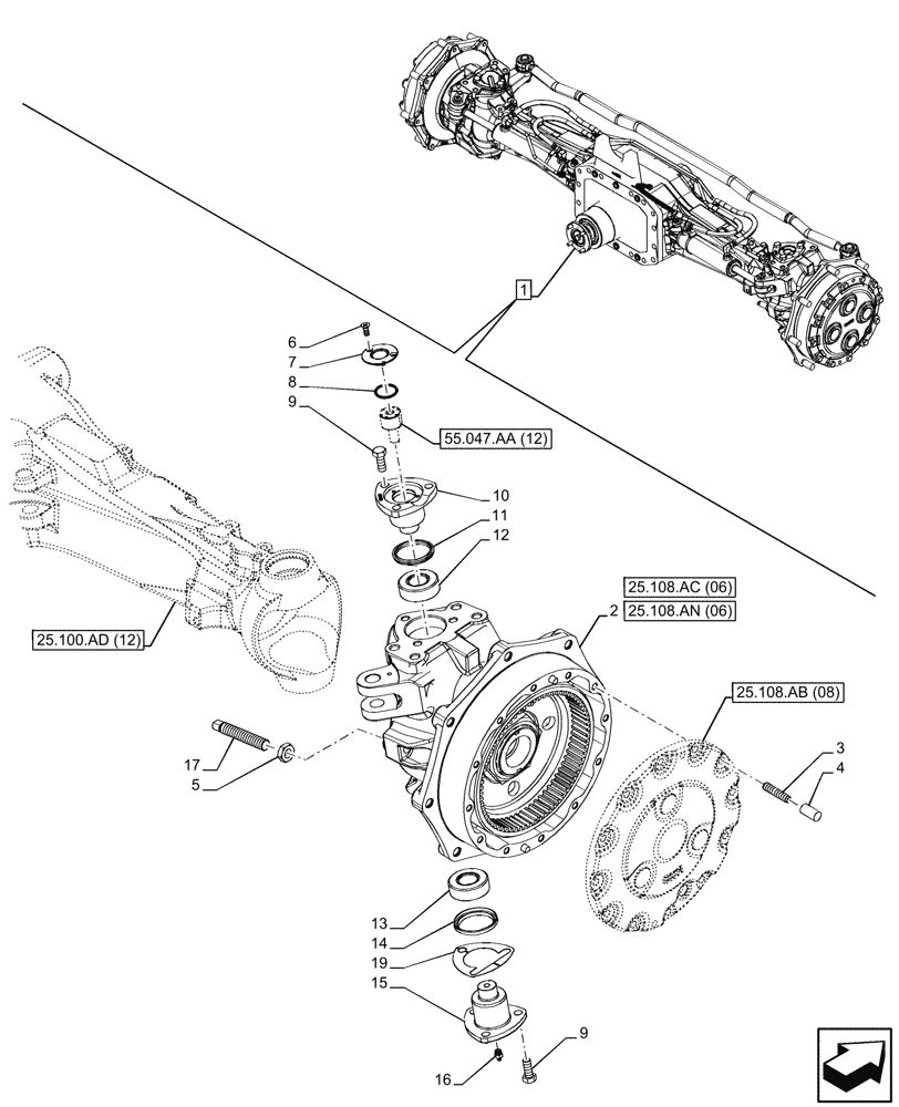 Схема запчастей Case IH PUMA 240 CVT - (25.108.AG[21]) - VAR - 758048 - SUSPENDED FRONT AXLE, STEERING KNUCKLE, RH (25) - FRONT AXLE SYSTEM