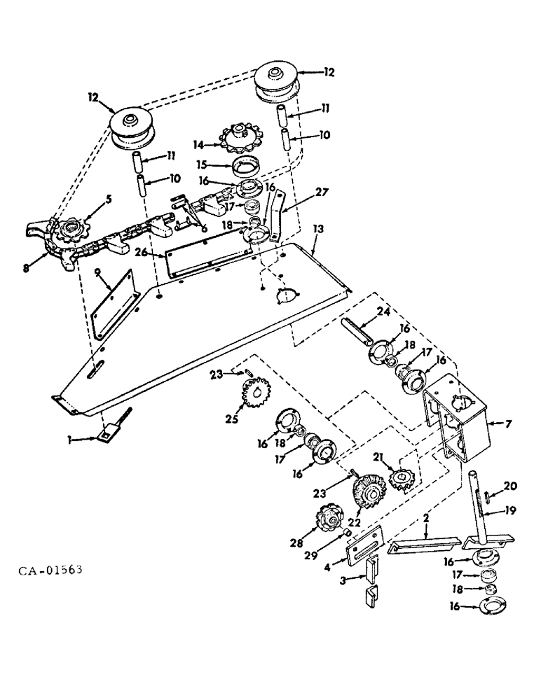 Схема запчастей Case IH 650 - (E-079) - ROW CROP UNIT (ONE ROW) - UPPER GATHERER CHAIN DRIVE LEFT (58) - ATTACHMENTS/HEADERS