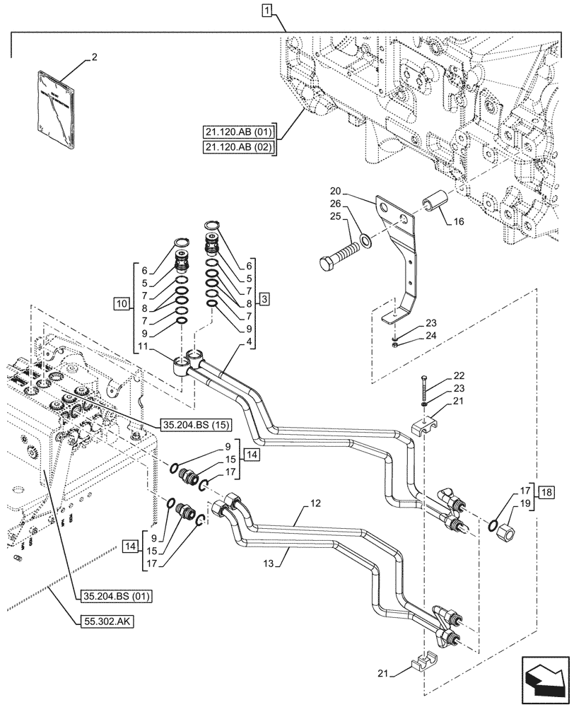 Схема запчастей Case IH PUMA 220 - (88.100.35[08]) - DIA KIT, TUBES TO CONNECT MID MOUNT VALVE, PORT 1 - 2 TO FRONT IMPLEMENT TUBES (88) - ACCESSORIES