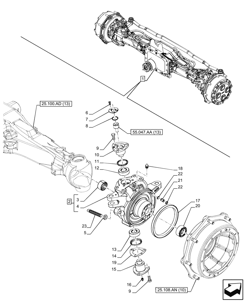 Схема запчастей Case IH PUMA 240 CVT - (25.108.AG[23]) - VAR - 758049 - SUSPENDED FRONT AXLE, W/ FRONT BRAKES, KNUCKLE, RH (25) - FRONT AXLE SYSTEM