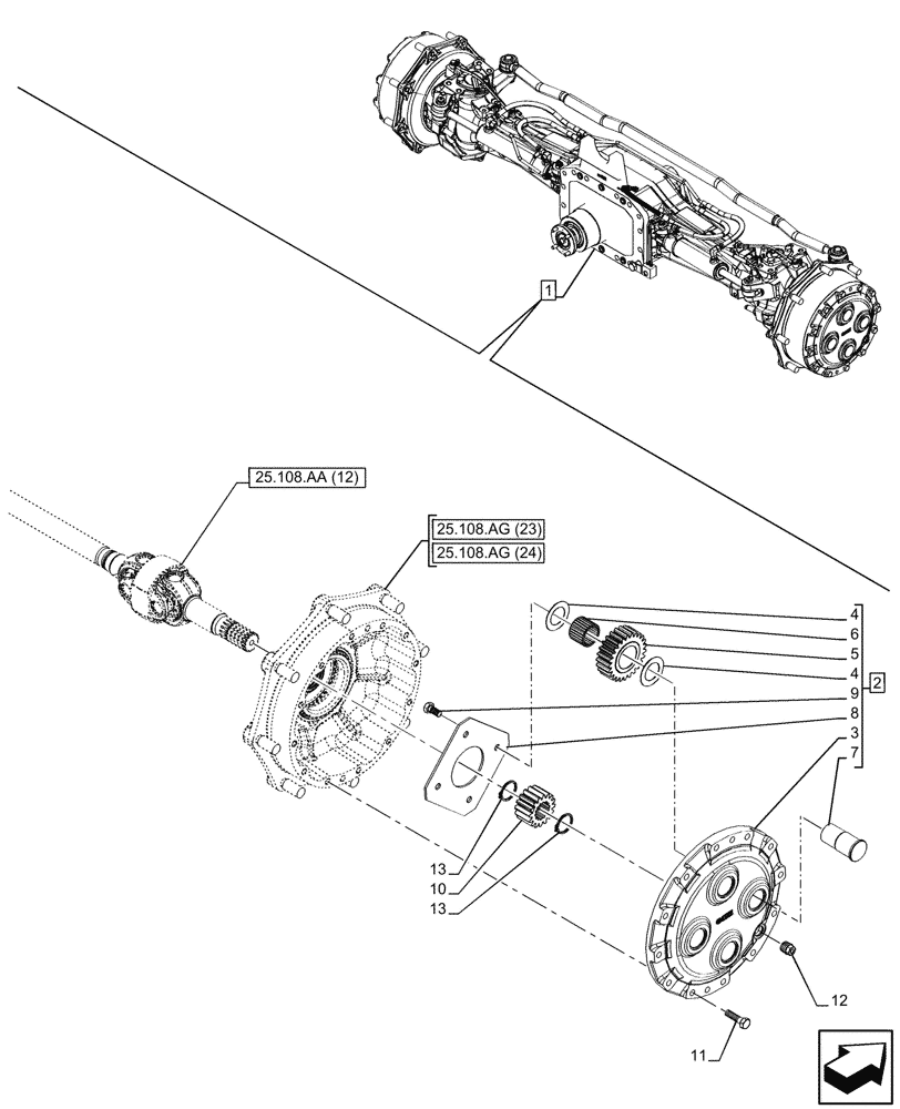 Схема запчастей Case IH PUMA 240 CVT - (25.108.AB[09]) - VAR - 758049 - SUSPENDED FRONT AXLE, W/ FRONT BRAKES, PLANETARY GEAR (25) - FRONT AXLE SYSTEM