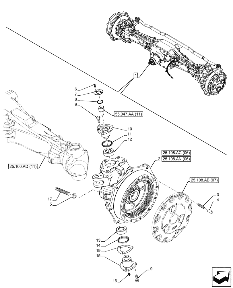 Схема запчастей Case IH PUMA 240 CVT - (25.108.AG[19]) - VAR - 391157 - 4WD FRONT AXLE, STEERING KNUCKLE, RH (25) - FRONT AXLE SYSTEM