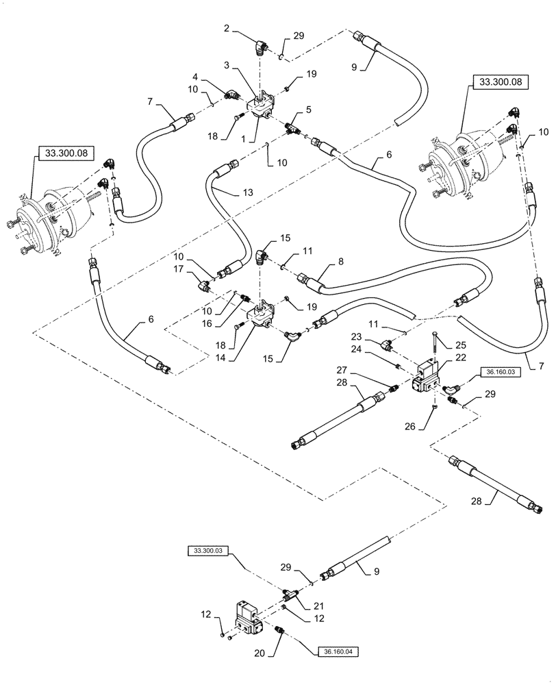 Схема запчастей Case IH TITAN 3040 - (33.300.AI[01]) - REAR BRAKE AIR LINES AND FITTINGS (33) - BRAKES & CONTROLS
