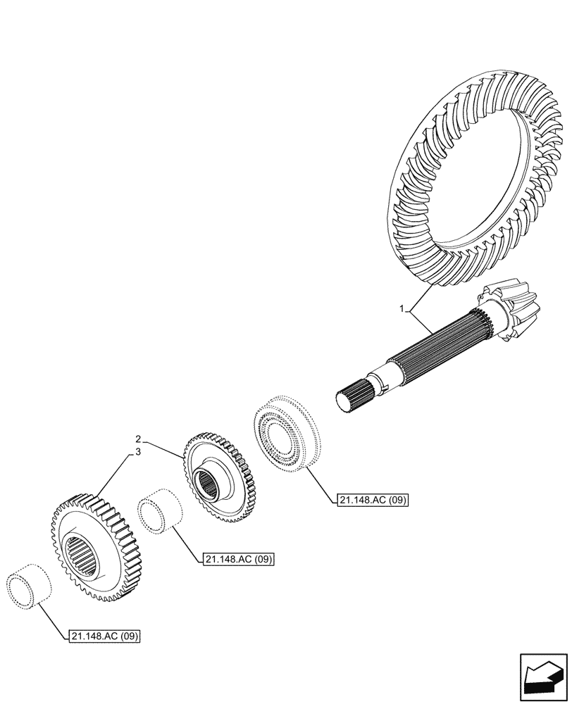 Схема запчастей Case IH PUMA 150 CVT - (21.148.AC[05]) - VAR - 758031 - TRANSMISSION, REAR, GEARS & SHAFT, BEVEL PINION, W/ INTERCHANGEABLE SHAFTS, CVT (21) - TRANSMISSION