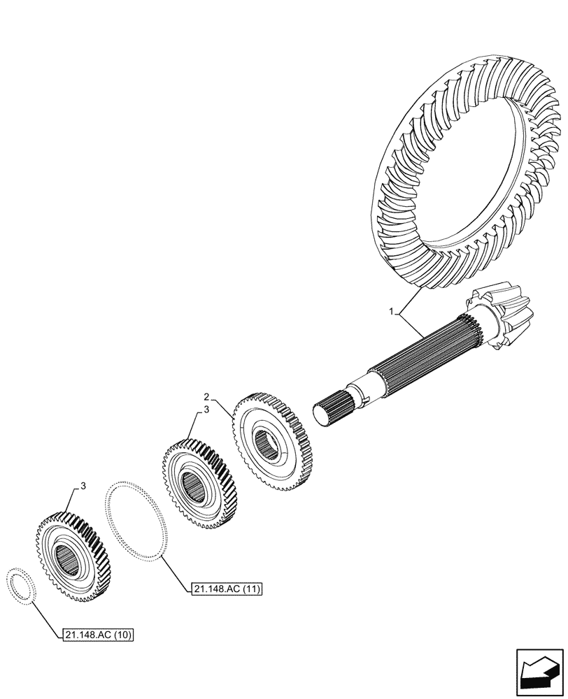 Схема запчастей Case IH PUMA 150 - (21.148.AC[03]) - VAR - 391139, 758024, 758031 - TRANSMISSION, REAR, GEARS & SHAFT, BEVEL PINION, POWERSHIFT (21) - TRANSMISSION