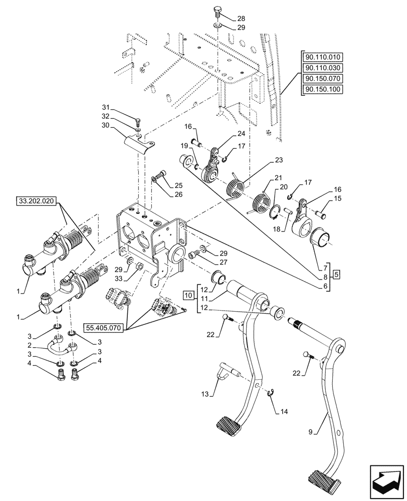 Схема запчастей Case IH FARMALL 80N - (33.202.130) - VAR - 759028, 759029, 759031, 759033 - BRAKE CYLINDER, PEDAL, W/DOC (33) - BRAKES & CONTROLS