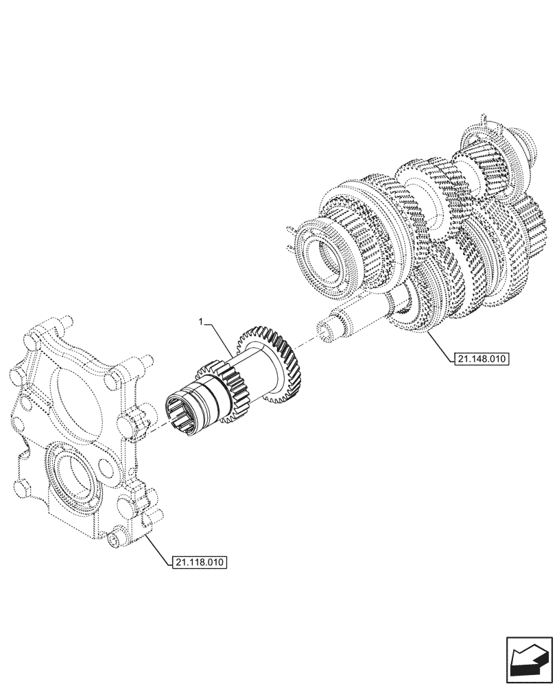 Схема запчастей Case IH FARMALL 110CL - (21.148.110) - VAR - 743548 - TRANSMISSION, GEARS & SHAFT, SPLITTER, W/O CREEPER (21) - TRANSMISSION