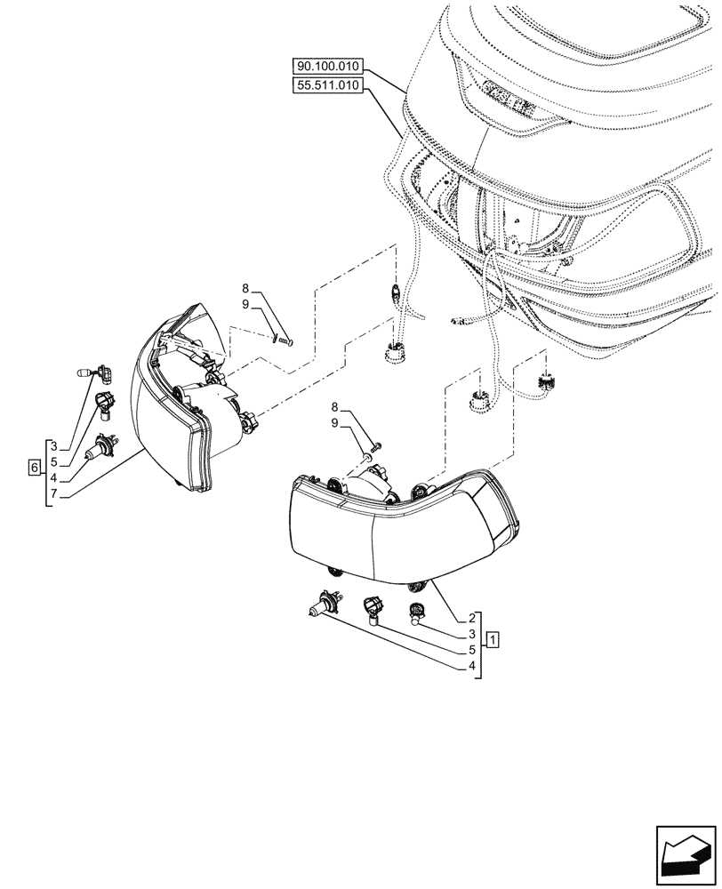 Схема запчастей Case IH FARMALL 80CL - (55.404.200) - FRONT LIGHT, LH, DRIVE (55) - ELECTRICAL SYSTEMS