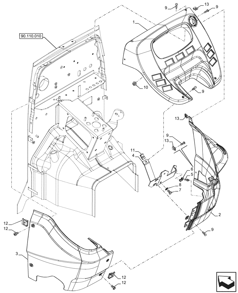 Схема запчастей Case IH FARMALL 80CL - (90.110.130) - VAR - 759028, 759029, 759031, 759033 - DASHBOARD, W/O CAB (90) - PLATFORM, CAB, BODYWORK AND DECALS