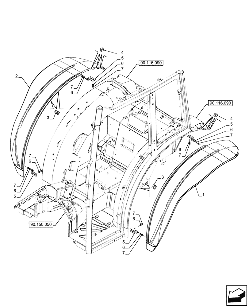 Схема запчастей Case IH FARMALL 80CL - (90.116.150) - VAR - 744478 - REAR FENDER EXTENSION, CAB (90) - PLATFORM, CAB, BODYWORK AND DECALS