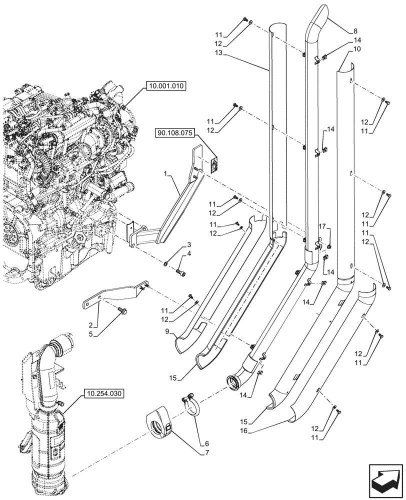 Схема запчастей Case IH FARMALL 80CL - (10.254.050) - VAR - 331151 - VERTICAL EXHAUST, MUFFLER (10) - ENGINE