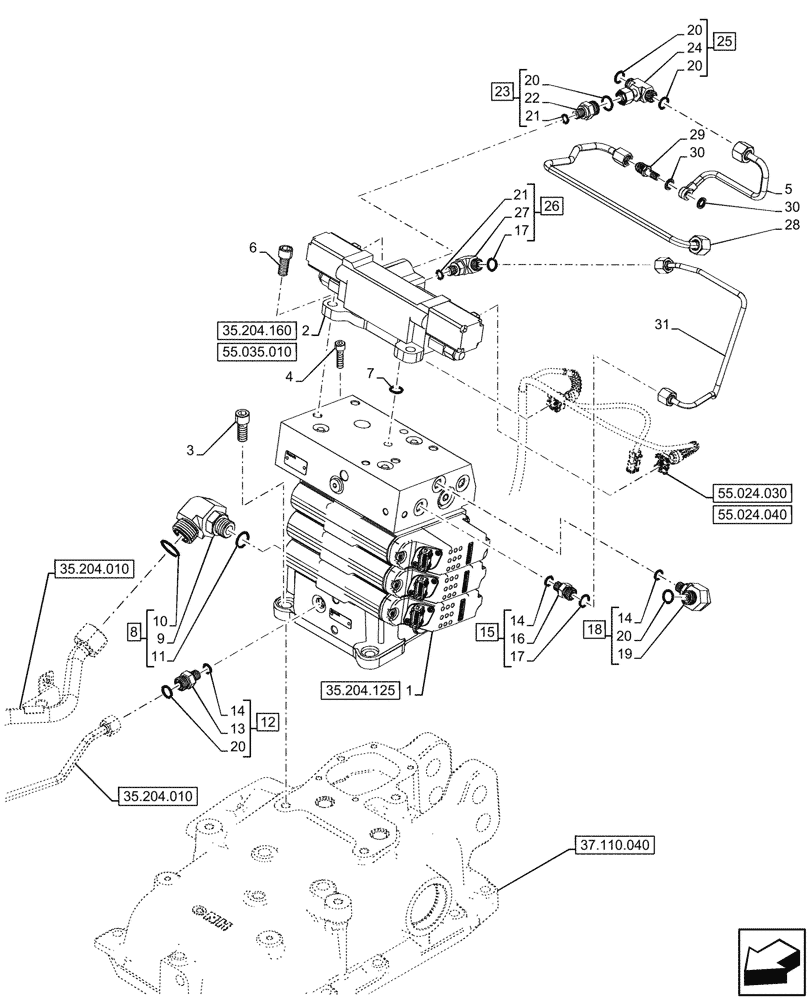 Схема запчастей Case IH FARMALL 110N - (35.204.105) - VAR - 759025 - 3 REMOTE CONTROL VALVES, W/ ELECTROHYDRAULIC DIFFERENTIAL LOCK, MOUNTING, CAB (35) - HYDRAULIC SYSTEMS