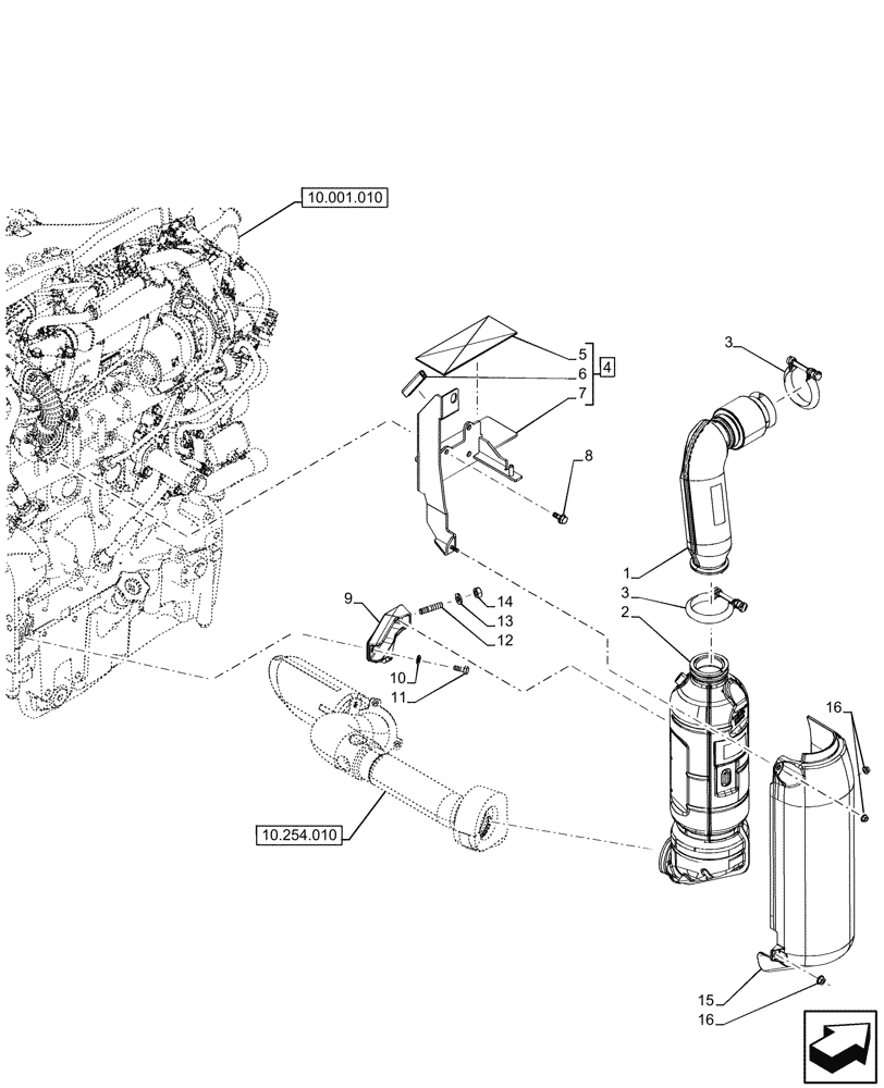 Схема запчастей Case IH FARMALL 110CL - (10.254.040) - VAR - 332150 - HORIZONTAL EXHAUST, MUFFLER (10) - ENGINE