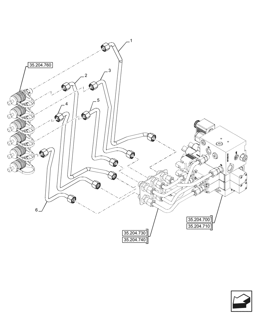 Схема запчастей Case IH FARMALL 80CL - (35.204.750) - VAR - 743970, 759021 - MID-MOUNT CONTROL VALVE, LINES, COUPLER (35) - HYDRAULIC SYSTEMS