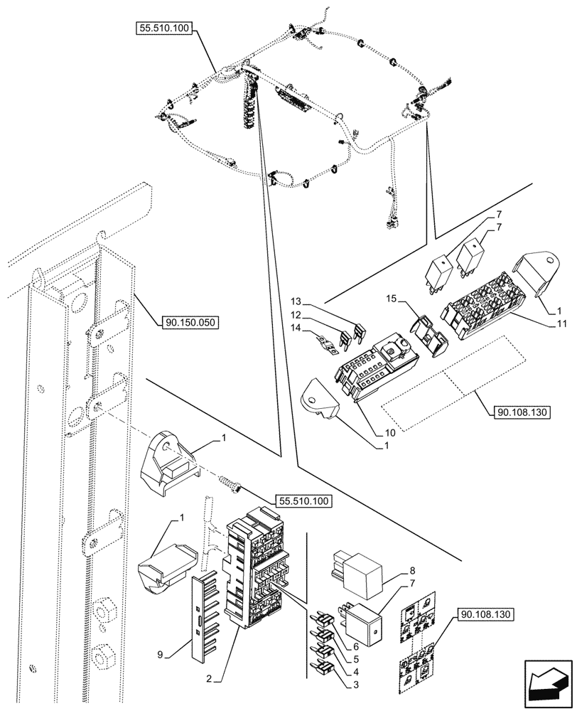 Схема запчастей Case IH FARMALL 110CL - (55.100.050) - VAR - 759031 - FUSE BOX, ROOF, CAB (55) - ELECTRICAL SYSTEMS