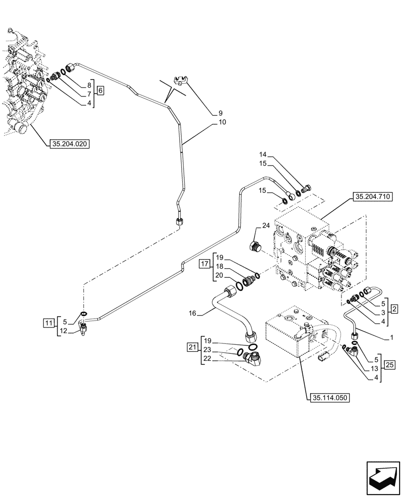 Схема запчастей Case IH FARMALL 80CL - (35.204.910) - VAR - 759021 - MID-MOUNT CONTROL VALVE, LINES, STABILIZER, 80LPM, CAB (35) - HYDRAULIC SYSTEMS