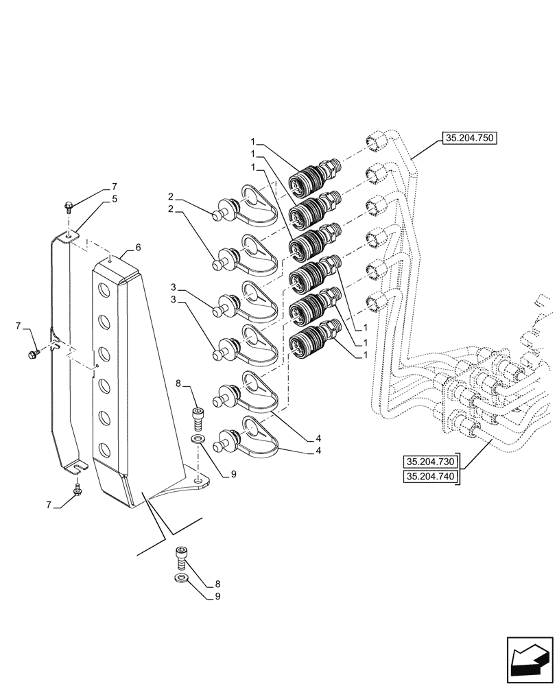 Схема запчастей Case IH FARMALL 80CL - (35.204.760) - VAR - 743970, 759021 - MID-MOUNT CONTROL VALVE, DUST CAP, SUPPORT, CAB (35) - HYDRAULIC SYSTEMS