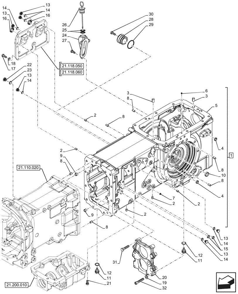 Схема запчастей Case IH FARMALL 90CL - (21.118.020) - TRANSMISSION, HOUSING, POWERSHUTTLE, 4WD (21) - TRANSMISSION