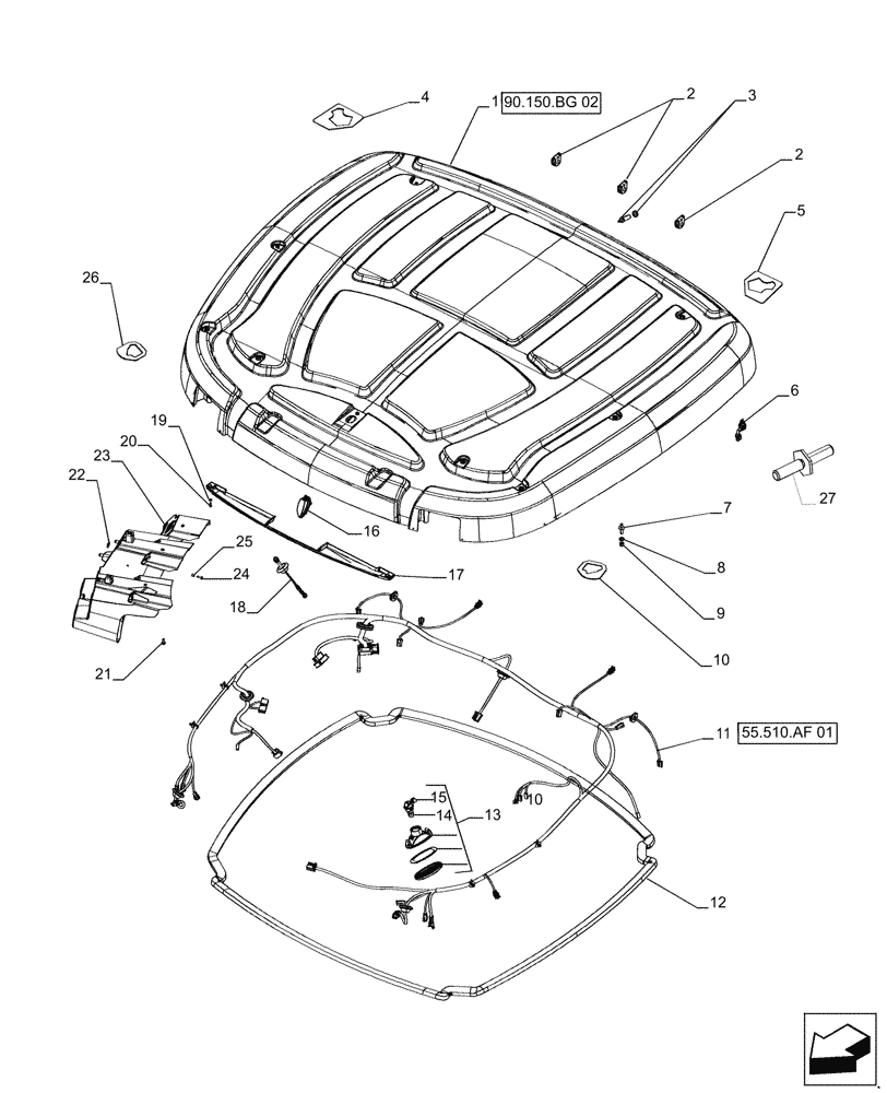 Схема запчастей Case IH PUMA 200 - (90.150.BG[01]) - EEAA ROOF WITH HIGH PROFILE LESS HIGH VISIBILITY PANEL - ROOF (90) - PLATFORM, CAB, BODYWORK AND DECALS