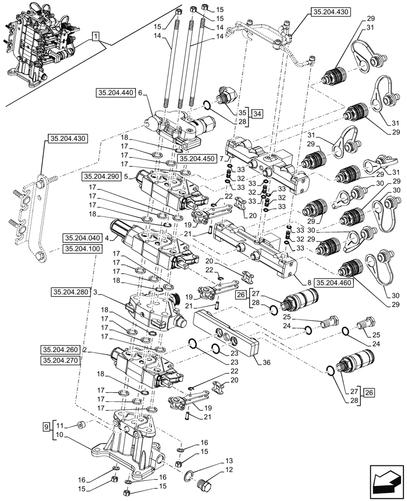 Схема запчастей Case IH FARMALL 110CL - (35.204.420) - VAR - 759024 - 3 REMOTE CONTROL VALVES, W/ DIVERTER, COMPONENTS (MDC) (35) - HYDRAULIC SYSTEMS