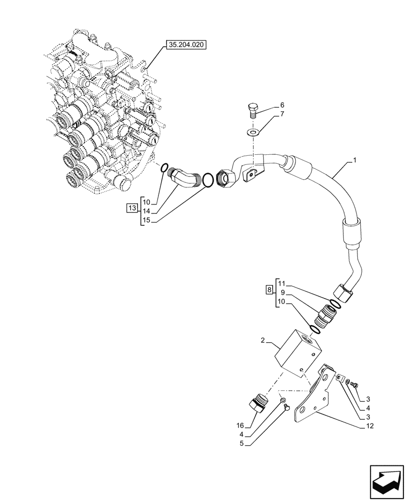 Схема запчастей Case IH FARMALL 80CL - (35.204.860) - VAR - 743915 - DELIVERY PIPE, W/O MID-MOUNT CONTROL VALVE, 80LPM, CAB (35) - HYDRAULIC SYSTEMS