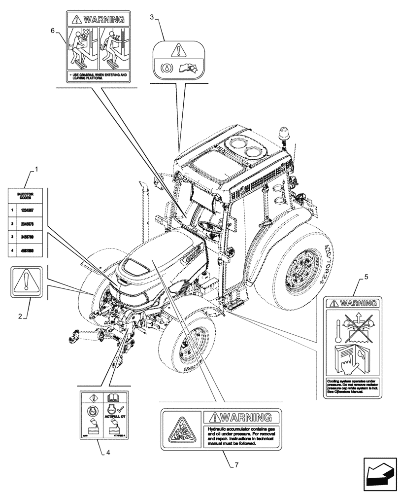 Схема запчастей Case IH FARMALL 100CL - (90.108.100) - WARNING DECAL, CAB (90) - PLATFORM, CAB, BODYWORK AND DECALS