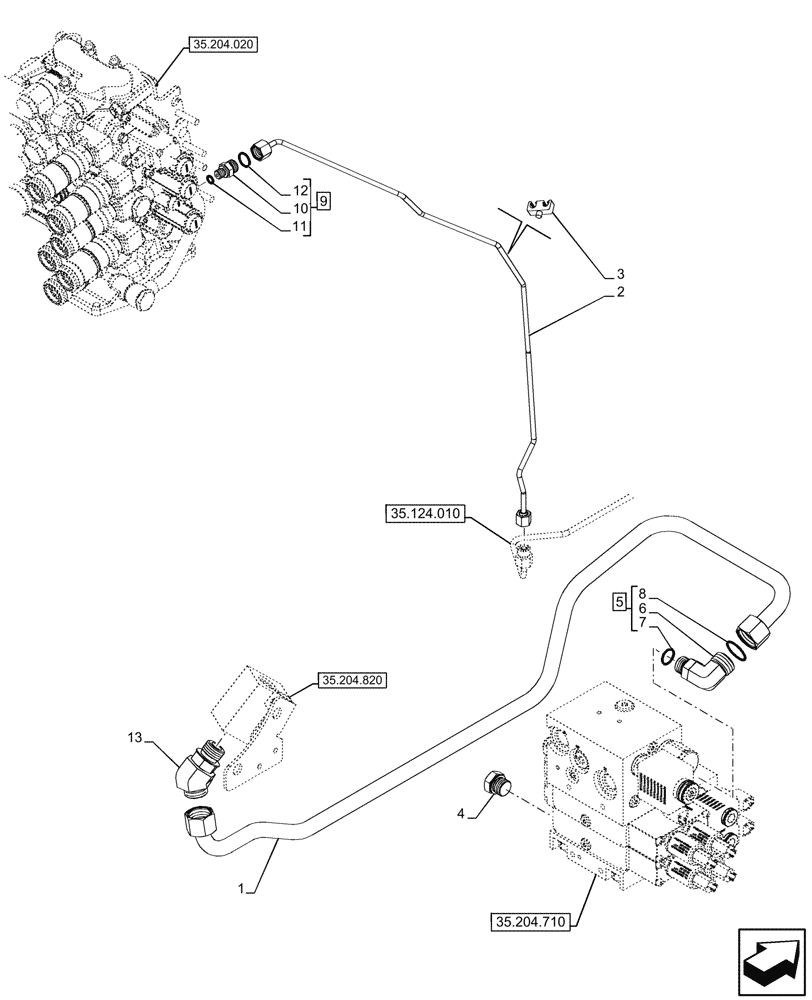 Схема запчастей Case IH FARMALL 80CL - (35.204.810) - VAR - 743915 - DELIVERY PIPE, W/O MID-MOUNT CONTROL VALVE, W/O TRAILER BRAKE, 80LPM, CAB (35) - HYDRAULIC SYSTEMS