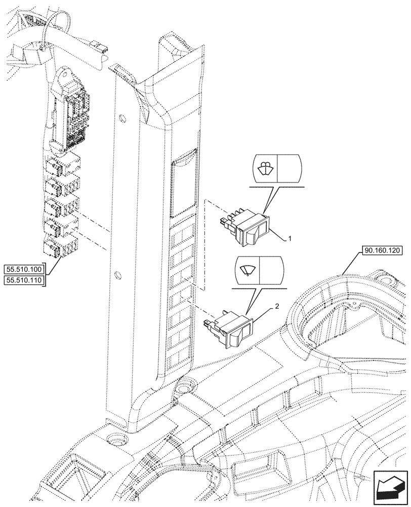 Схема запчастей Case IH FARMALL 110CL - (55.518.050) - VAR - 759031, 759033 - WINDSHIELD, WIPER AND WASHER, SWITCH, CAB (55) - ELECTRICAL SYSTEMS