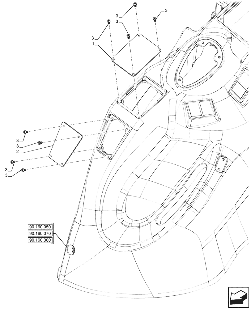 Схема запчастей Case IH FARMALL 80CL - (90.160.150) - VAR - 759022, 759023, 759024 - TRIM, PANEL, RH, PLUG, CAB (90) - PLATFORM, CAB, BODYWORK AND DECALS