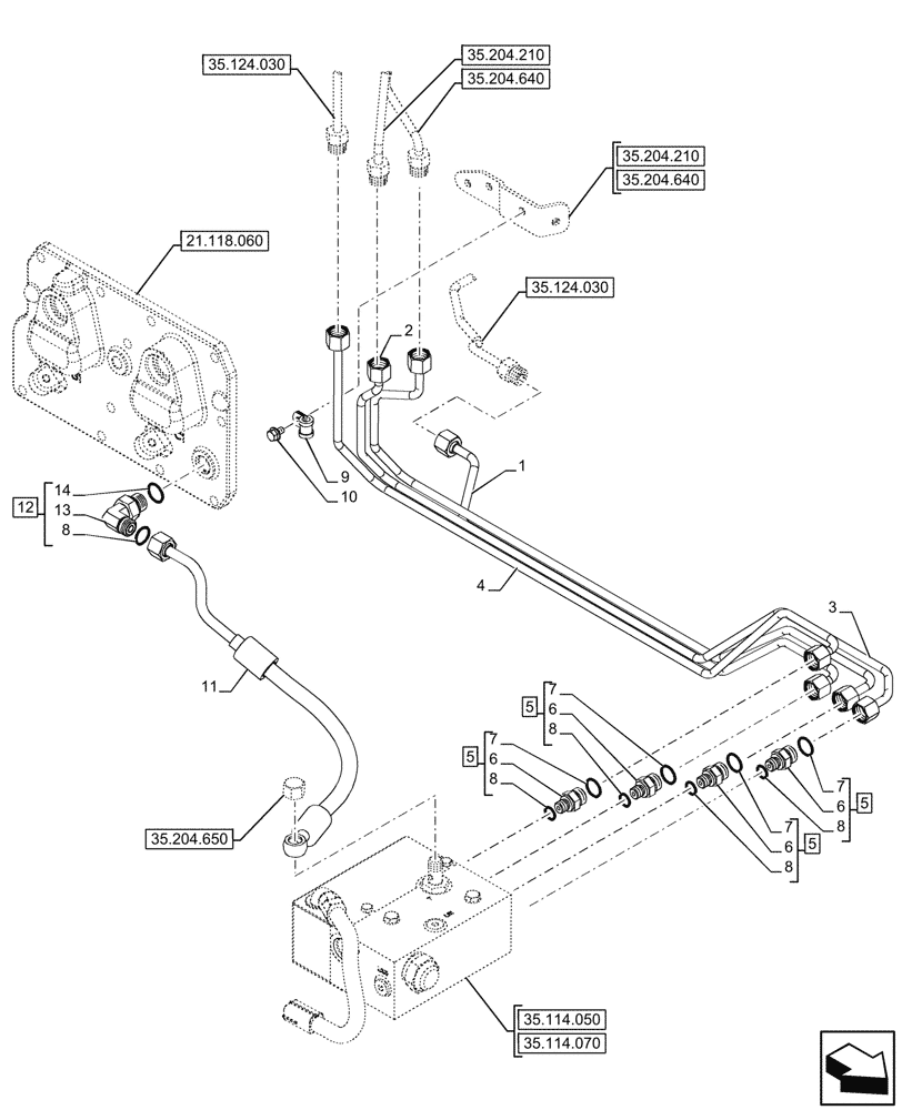 Схема запчастей Case IH FARMALL 80CL - (35.204.650) - VAR - 743535, 759021 - MID-MOUNT CONTROL VALVE, LINES, STABILIZER (35) - HYDRAULIC SYSTEMS