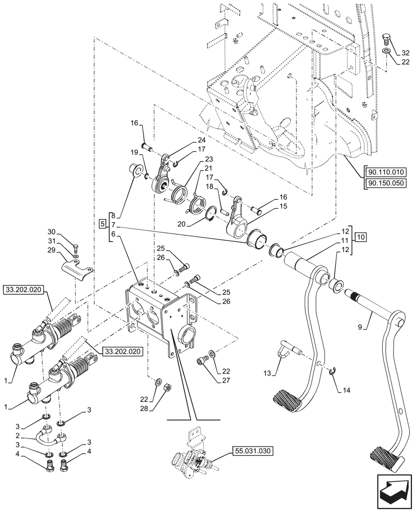 Схема запчастей Case IH FARMALL 90CL - (33.202.010) - VAR - 759028, 759029, 759031, 759033 - BRAKE CYLINDER, PEDAL (33) - BRAKES & CONTROLS