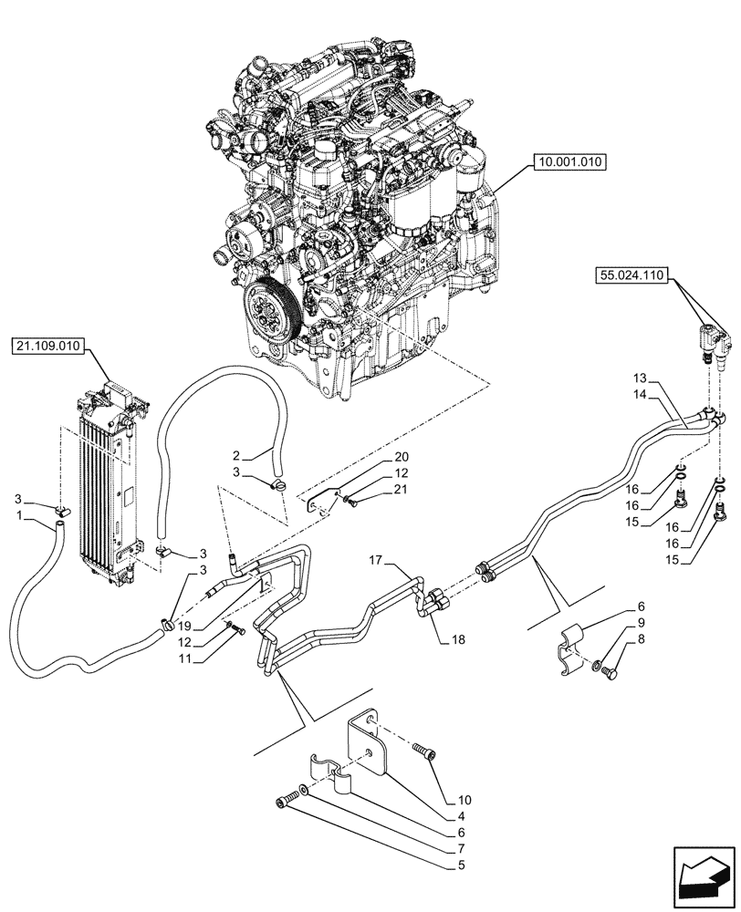 Схема запчастей Case IH FARMALL 110CL - (21.109.020) - VAR - 743524, 759011 - HEAT EXCHANGER, TRANSMISSION OIL, LINES (21) - TRANSMISSION