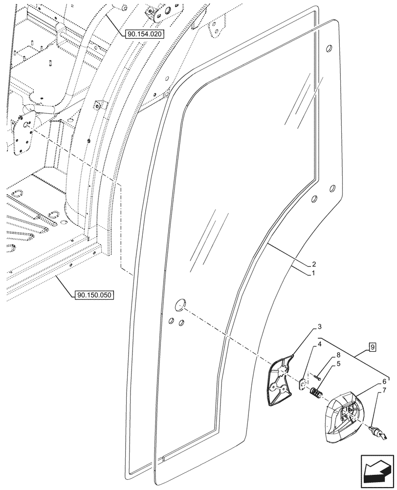 Схема запчастей Case IH FARMALL 110CL - (90.154.010) - VAR - 759031, 759033 - DOOR HANDLE, HINGE, CAB (90) - PLATFORM, CAB, BODYWORK AND DECALS