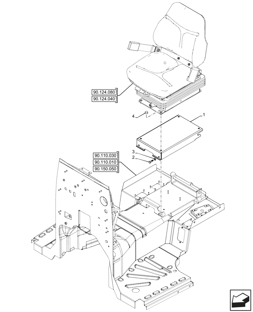 Схема запчастей Case IH FARMALL 80CL - (90.124.010) - VAR - 759028, 759029, 759031, 759033 - SEAT, AIR SUSPENSION, SUPPORT (90) - PLATFORM, CAB, BODYWORK AND DECALS