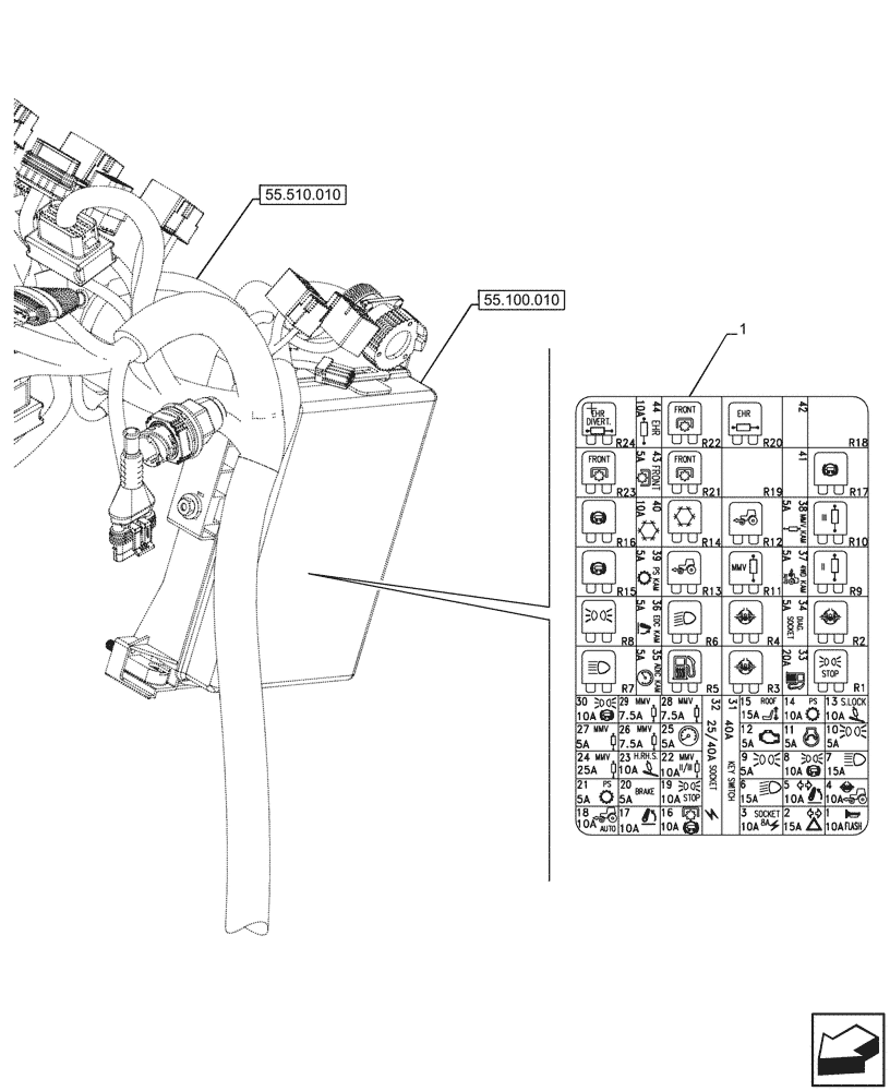 Схема запчастей Case IH FARMALL 110CL - (90.108.020) - FUSE BOX, DECAL, CAB (90) - PLATFORM, CAB, BODYWORK AND DECALS