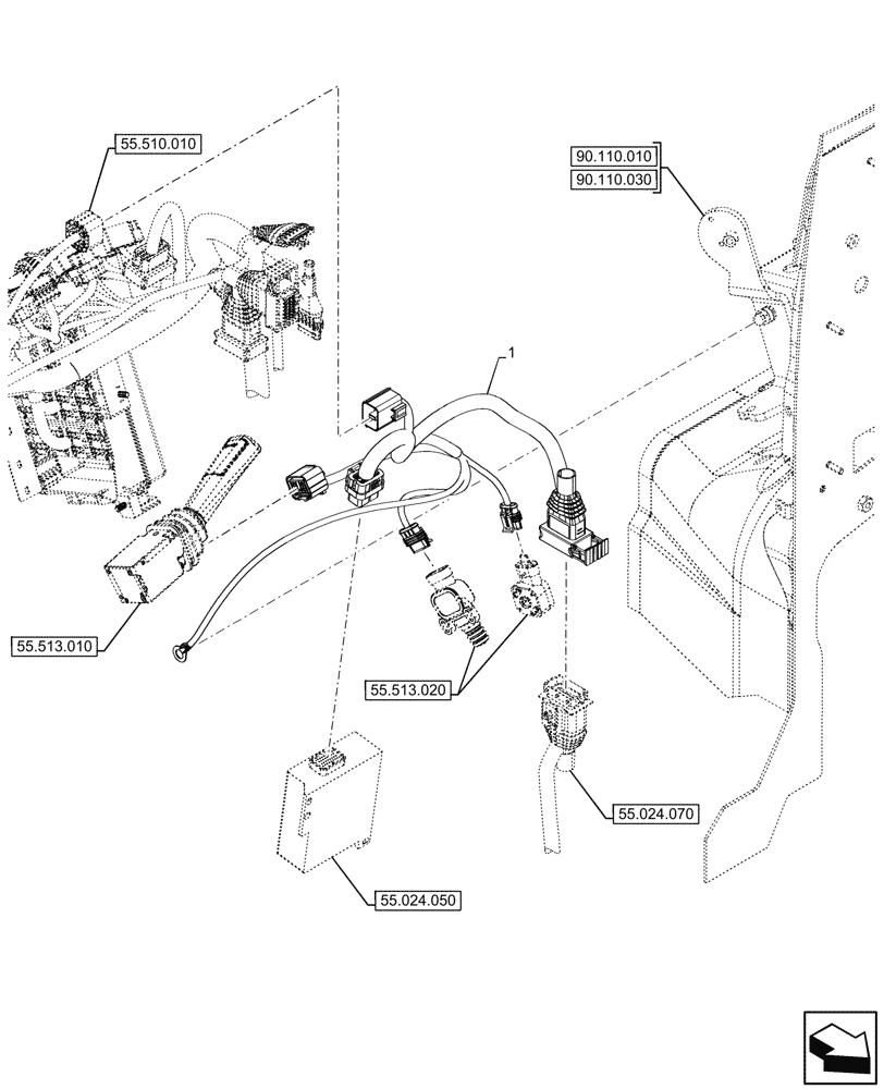 Схема запчастей Case IH FARMALL 110CL - (55.024.060) - VAR - 743509 - TRANSMISSION, CONTROLS, HARNESS, POWERSHUTTLE (55) - ELECTRICAL SYSTEMS
