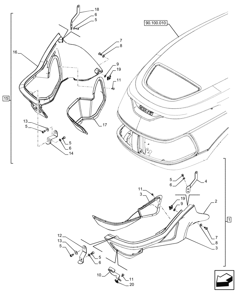 Схема запчастей Case IH FARMALL 90CL - (90.100.030) - VAR - 759028, 759029, 759031, 759033 - HOOD, SIDE PANEL (90) - PLATFORM, CAB, BODYWORK AND DECALS