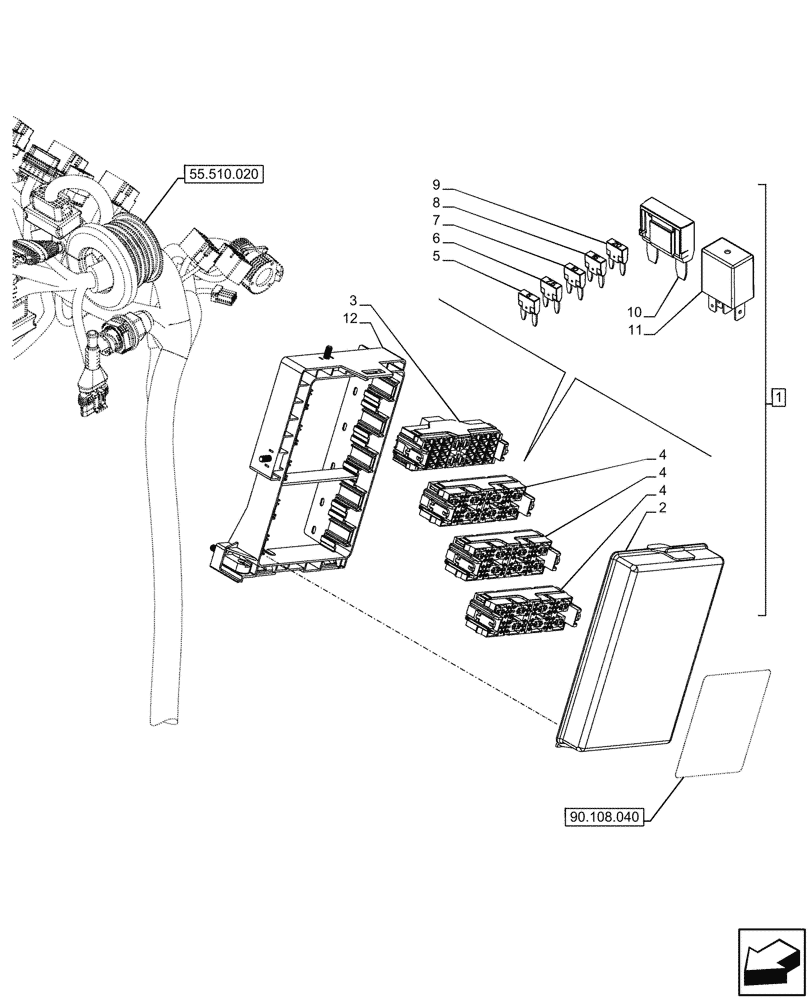 Схема запчастей Case IH FARMALL 110CL - (55.100.020) - FUSE BOX, 4WD, W/O CAB (55) - ELECTRICAL SYSTEMS