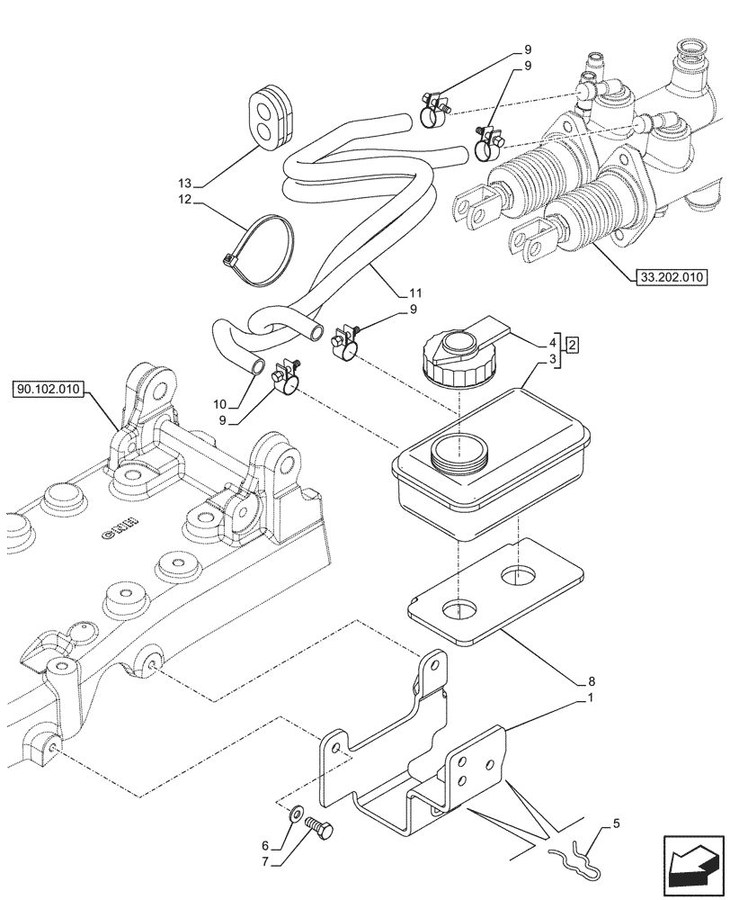 Схема запчастей Case IH FARMALL 80CL - (33.202.020) - VAR - 743524, 759011 - BRAKE FLUID RESERVOIR (33) - BRAKES & CONTROLS