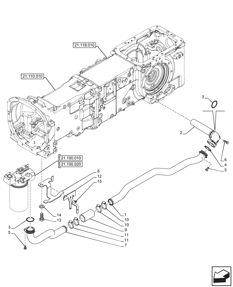 Схема запчастей Case IH FARMALL 110CL - (21.100.030) - VAR - 743524, 759011 - TRANSMISSION OIL, SUCTION PIPE, 60L/MIN, MECHANICAL, TRANSMISSION (21) - TRANSMISSION