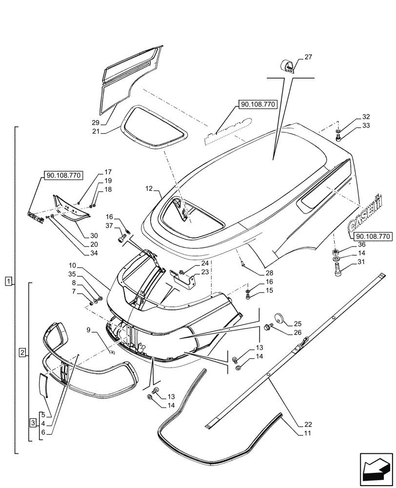 Схема запчастей Case IH FARMALL 90CL - (90.100.010) - VAR - 759028, 759029, 759031, 759033 - HOOD (90) - PLATFORM, CAB, BODYWORK AND DECALS