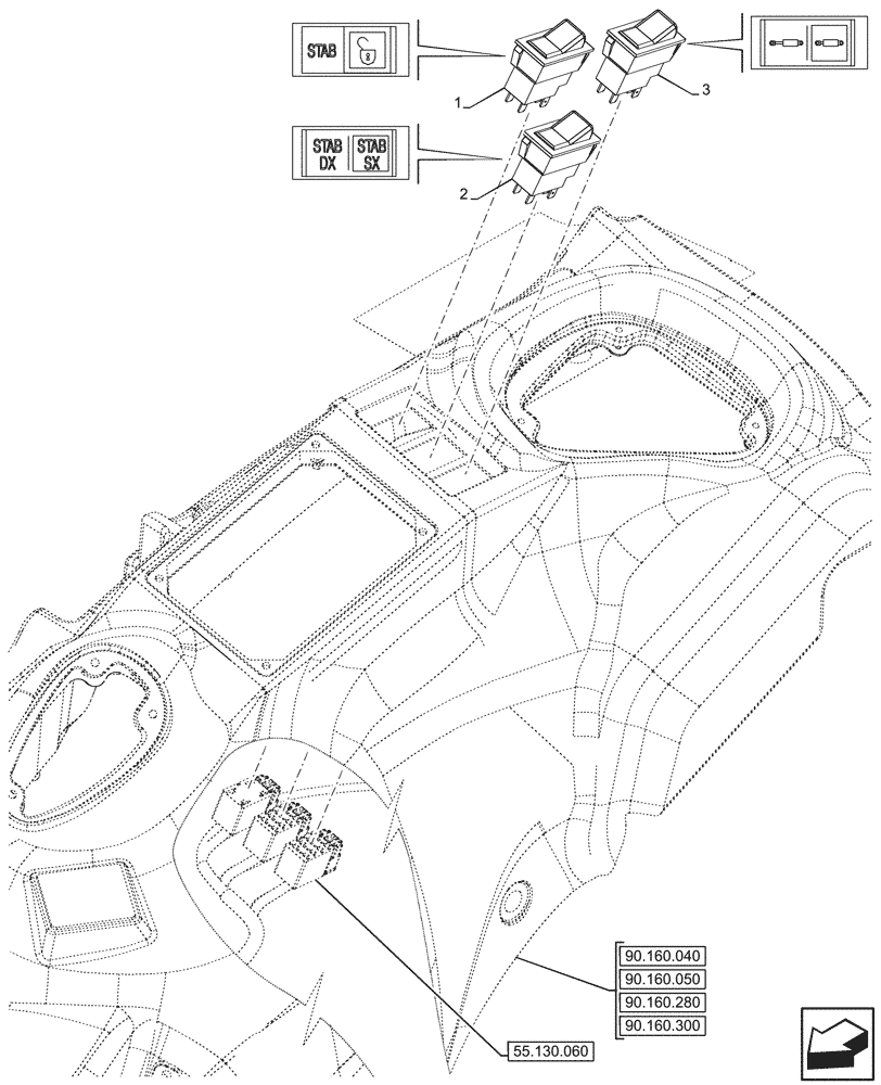 Схема запчастей Case IH FARMALL 110CL - (55.523.020) - VAR - 743536 - REAR, STABILIZER, THREE POINT HITCH SWITCH (55) - ELECTRICAL SYSTEMS