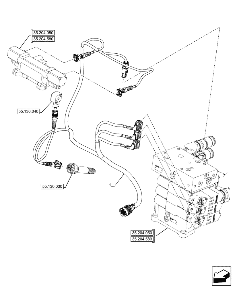 Схема запчастей Case IH FARMALL 110CL - (55.024.210) - TRANSMISSION, MAIN HARNESS, CAB, CCLS (EDC) ELECTRONIC CONTROL VALVE, EHR CONTROL VALVES (55) - ELECTRICAL SYSTEMS