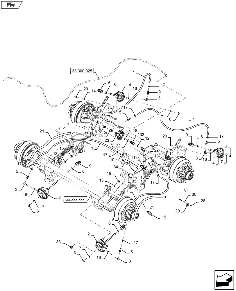 Схема запчастей Case IH LB434R XL - (33.300.051) - PNEUMATIC BRAKES - LARGE TANDEM AXLE - D166 (33) - BRAKES & CONTROLS