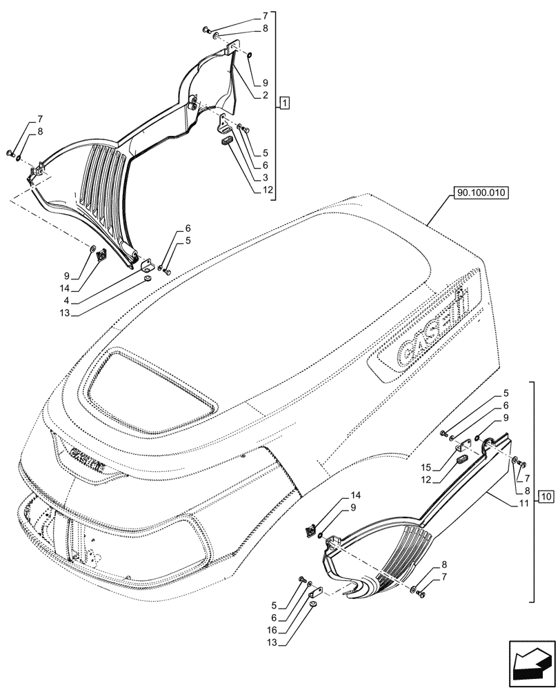 Схема запчастей Case IH FARMALL 80CL - (90.100.020) - VAR - 759028, 759029, 759031, 759033 - HOOD, SIDE PANEL (90) - PLATFORM, CAB, BODYWORK AND DECALS