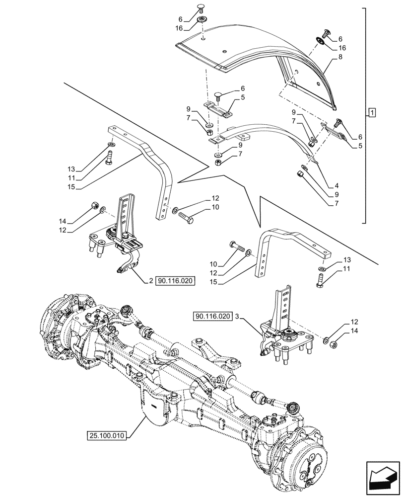 Схема запчастей Case IH FARMALL 90CL - (90.116.030) - VAR - 744477 - DYNAMIC FRONT FENDER (400MM) (90) - PLATFORM, CAB, BODYWORK AND DECALS