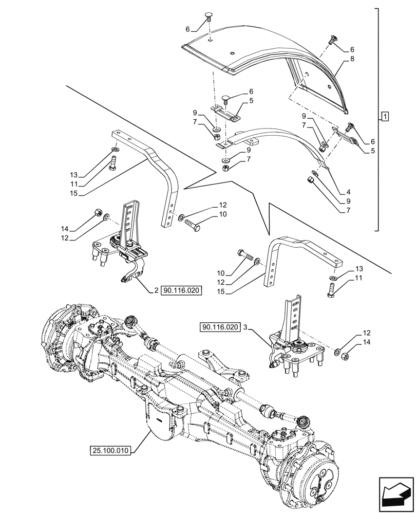 Схема запчастей Case IH FARMALL 100CL - (90.116.010) - VAR - 744477 - DYNAMIC FRONT FENDER (310MM) (90) - PLATFORM, CAB, BODYWORK AND DECALS