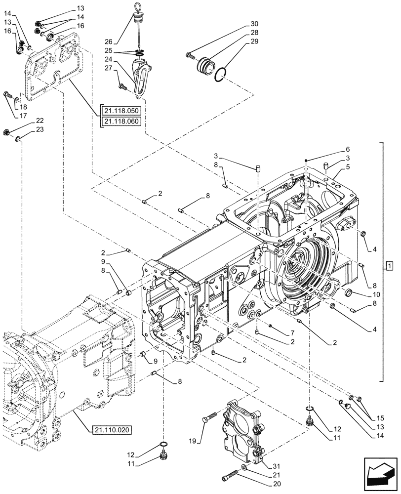 Схема запчастей Case IH FARMALL 90CL - (21.118.070) - TRANSMISSION, HOUSING, HI-LO (21) - TRANSMISSION