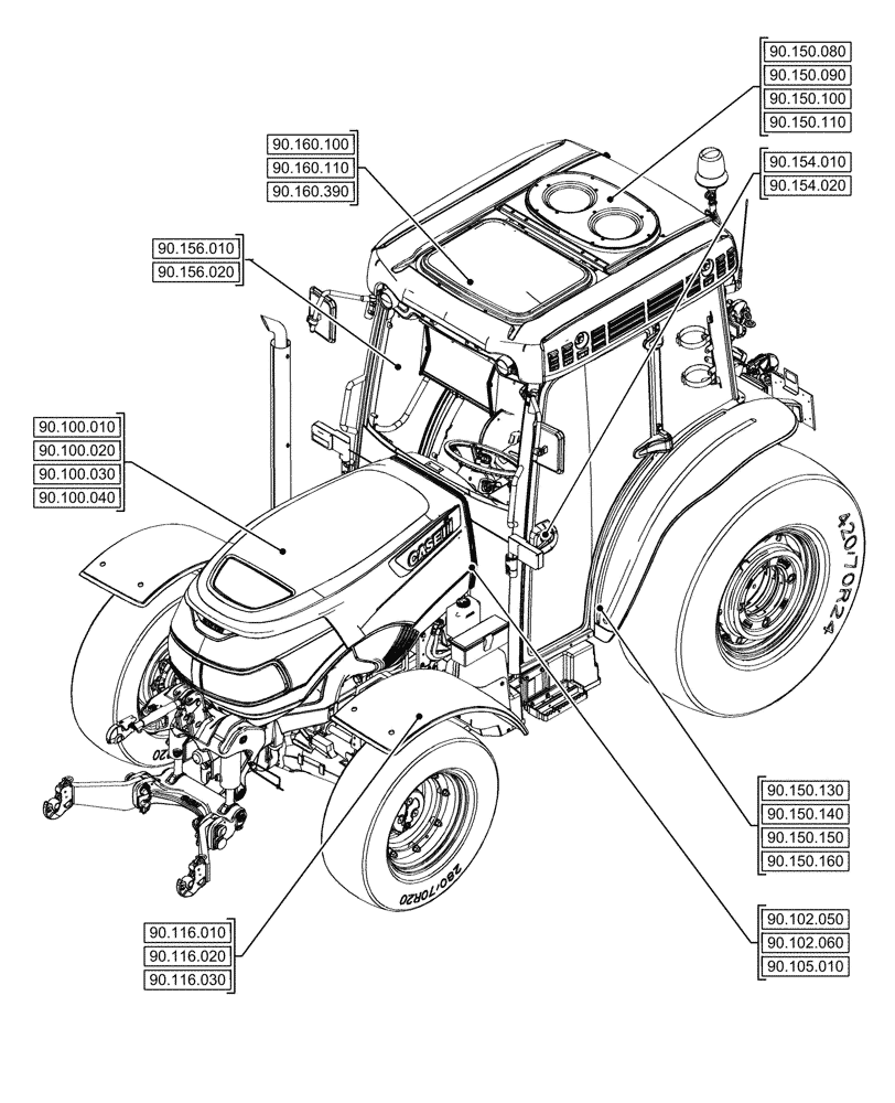 Схема запчастей Case IH FARMALL 80CL - (90.000.00[02]) - SECTION INDEX - PLATFORM, CAB, BODYWORK & DECALS (90) - PLATFORM, CAB, BODYWORK AND DECALS