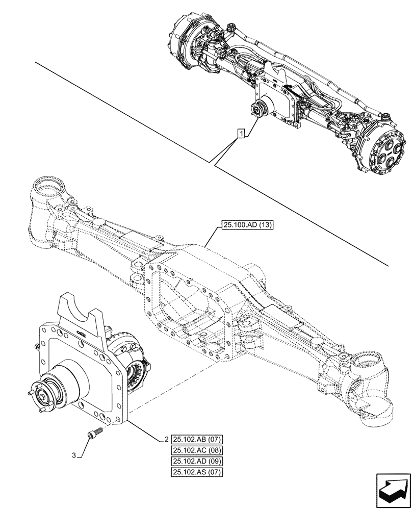 Схема запчастей Case IH PUMA 240 CVT - (25.102.AD[17]) - VAR - 758049 - SUSPENDED FRONT AXLE, W/ FRONT BRAKES, DIFFERENTIAL (25) - FRONT AXLE SYSTEM